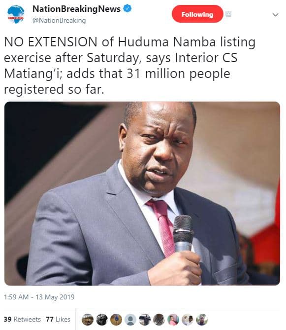 Nationbreakingnews nationbreaking following no extension of huduma namba listing