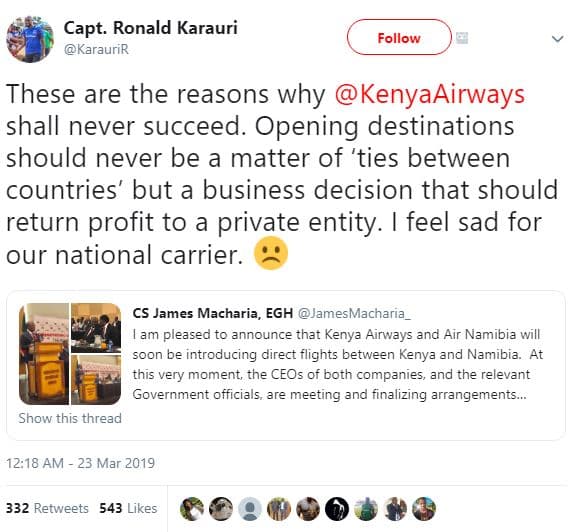 Capt. ronald karauri karaurir follow these are the reasons why kenyaairways shal