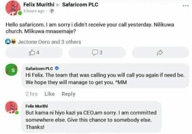 Felix murithi safaricom plc hours ag0 hello safaricom. am sorry i didn't receive