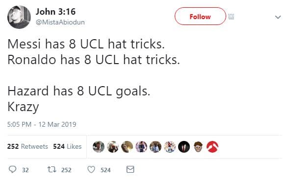 John 316 mistaabiodun follow messi has 8 ucl hat tricks. ronaldo has 8 ucl hat t