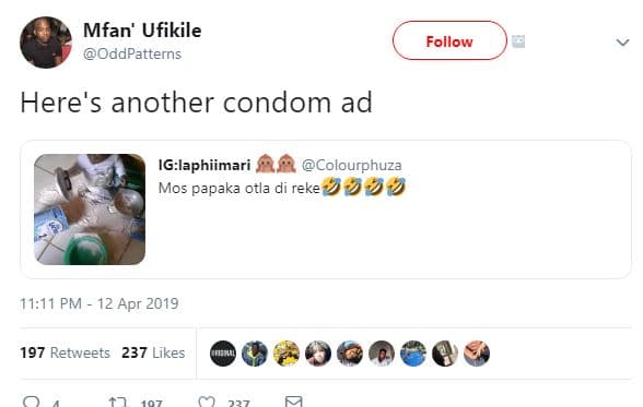 Mfan' ufikile oddpatterns follow here's another condom ad iglaphiimari colourphu