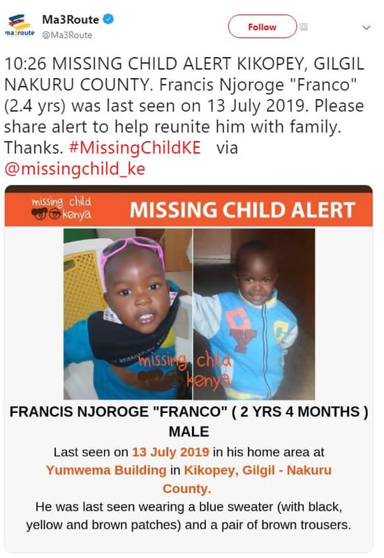 Ma3route oute ma3route follow 10.26 missing child alert kikopey, gilgil nakuru c
