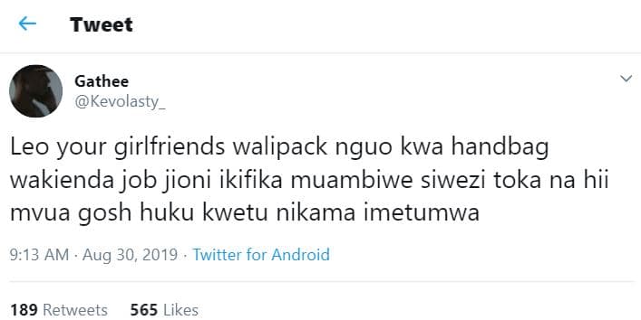 Tweet gathee kevolasty_ leo your girlfriends walipack nguo kwa handbag wakienda