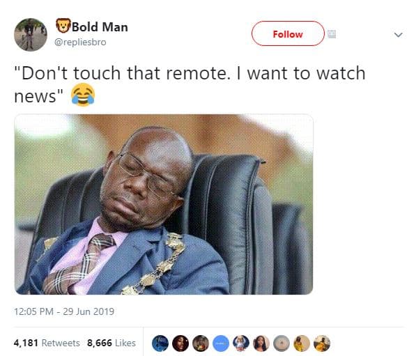 'bold man repliesbro follow don't touch that remote want to watch news 12.05 pm