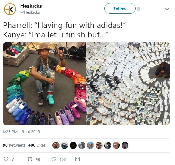 Heskicks heskicks follow pharrell having fun with adidas! kanye ima let u finish