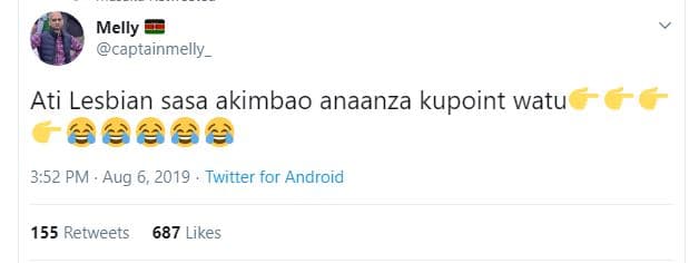 Melly captainmelly _ ati lesbian sasa akimbao anaanza kupoint watu fg 3.52 pm .