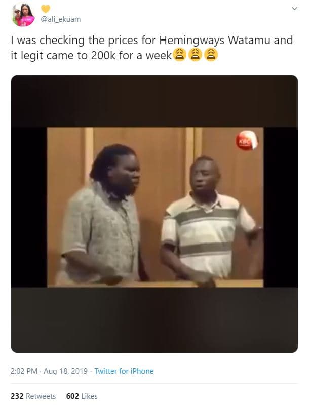 Ali_ekuam was checking the prices for hemingways watamu and it legit came to 2oo