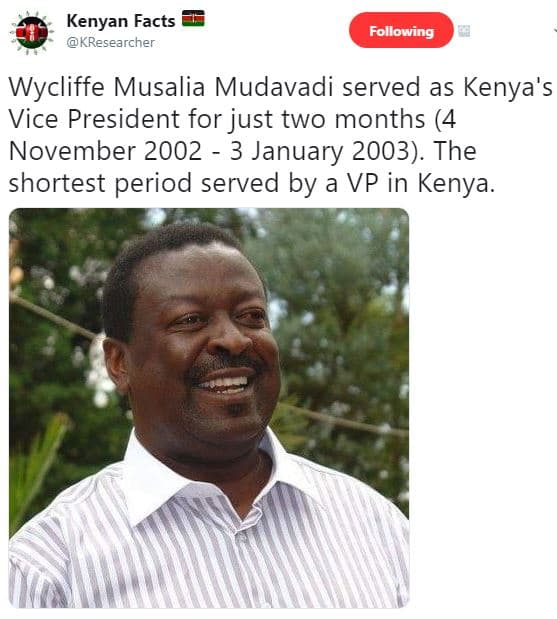 Kenyan facts kresearcher following wycliffe musalia mudavadi served as kenya's v