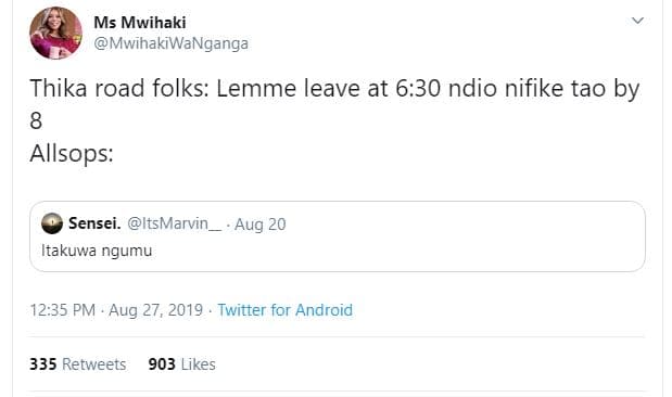 Ms mwihaki mwihakiwanganga thika road folks lemme leave at 6.30 ndio nifike tao