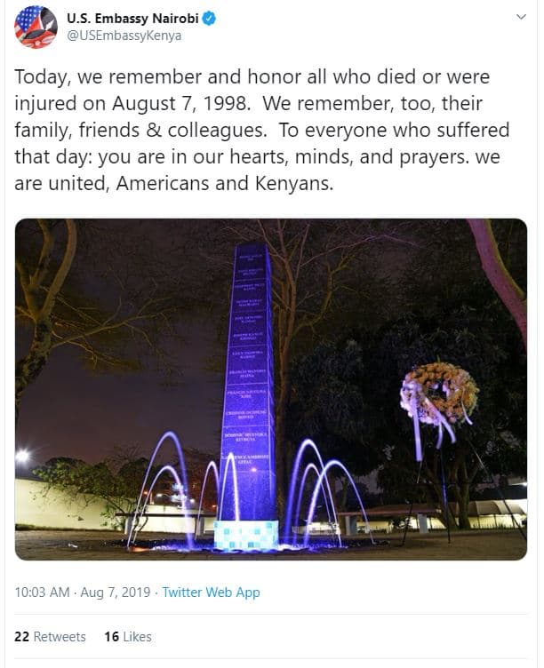 U.s. embassy nairobi usembassykenya today, we remember and honor all who died or