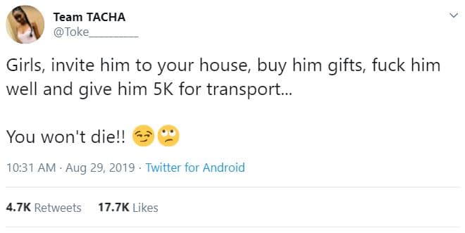 Team tacha toke girls, invite him to your house, buy him gifts, fuck him well an