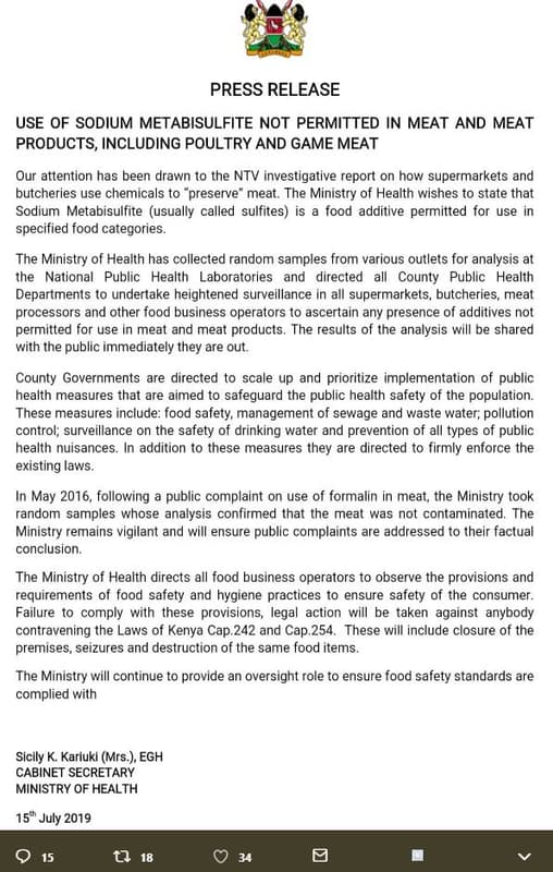 Press release use of sodium metabisulfite not permitted in meat and meat product