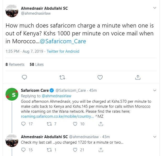 Ahmednasir abdullahi sc anmednasırlaw how much does safaricom charge a minute wh