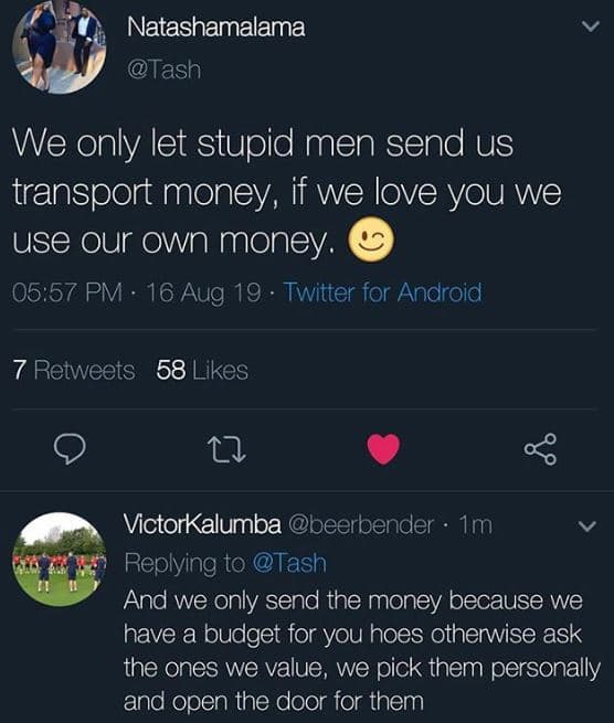 Natashamalama tash we only let stupid men send us transport money if we love you