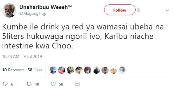 Unaharibuu weeeh maganghajj follow kumbe ile drink ya red ya wamasai ubeba na sl