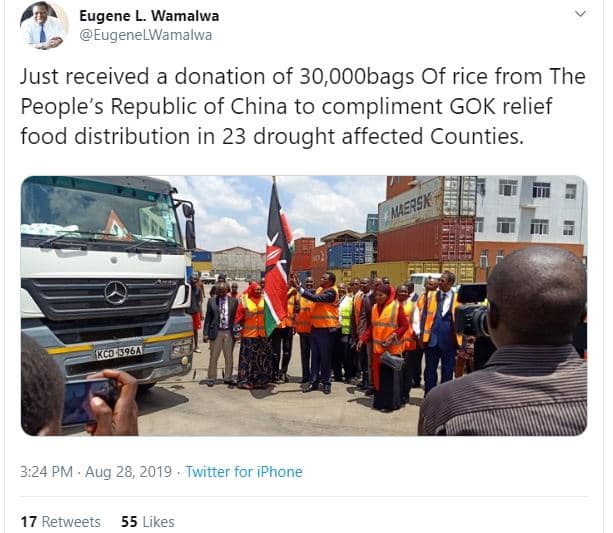 Eugene l. wamalwa eugenelwamalwa just received a donation of 30,ooobags of rice