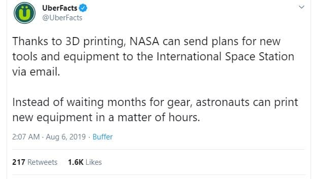 Uberfacts uberfacts thanks to 3d printing nasa can send plans for new tools and