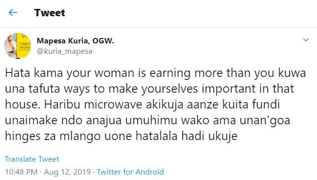 Tweet mapesa kuria, ogw. kuria_mapesa hata kama your woman is earning more than
