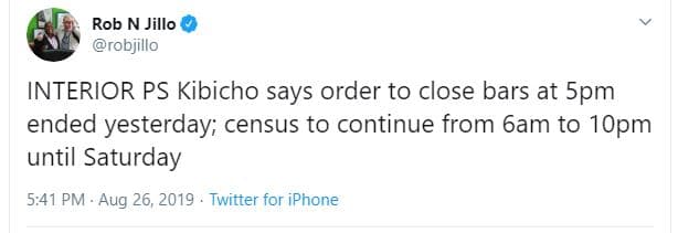 Rob n jillo robjillo interior ps kibicho says order to close bars at 5pm ended y