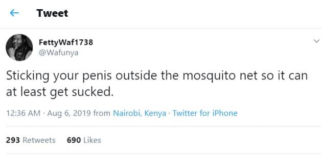 Tweet fettywaf1738 wafunya sticking your penis outside the mosquito net so it ca