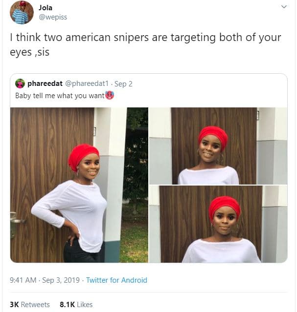 Jola wepiss think two american snipers are targeting both of your eyes ,sis phar