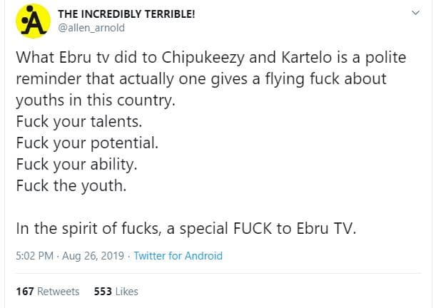 The incredibly terrible! allen_arnold what ebru tv did to chipukeezy and kartelo