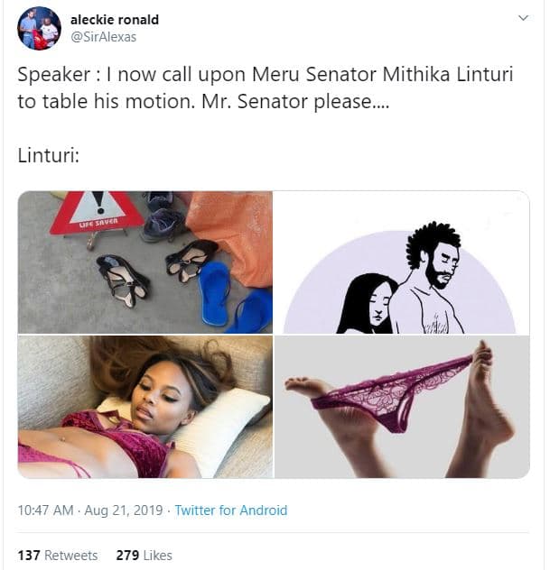 Aleckie ronald siralexas speaker now call upon meru senator mithika linturi to t