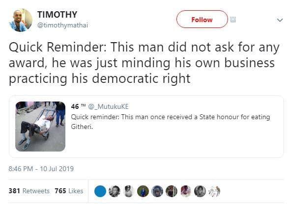 Timothy timothymathai follow quick reminder this man did not ask for any award h