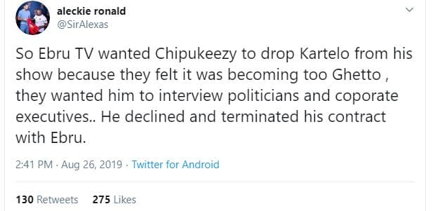 Aleckie ronald siralexas so ebru tv wanted chipukeezy to drop kartelo from his s