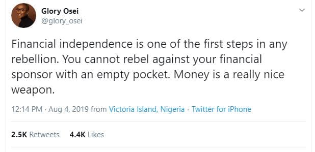 Glory osei glory_osel financial independence is one of the first steps in any re