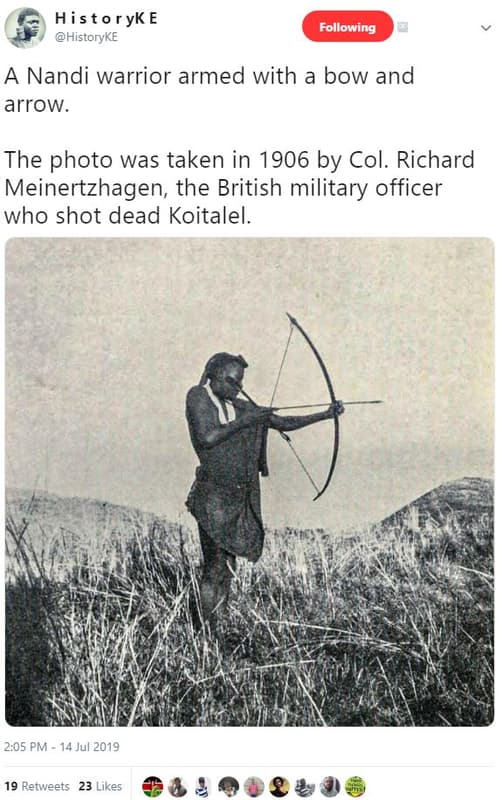 Historyk e historyke following a nandi warrior armed with a bow and arrow. the p