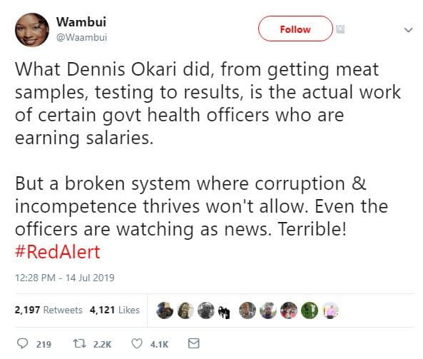 Wambui waambui follow what dennis okari did, from getting meat samples, testing