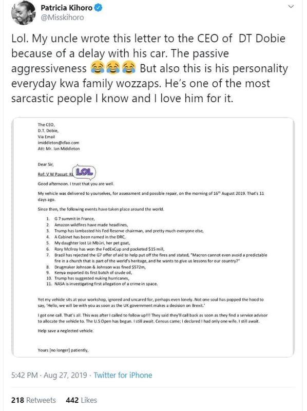 Patricia kihoro misskihoro lol. my uncle wrote this letter to the ceo of dt dobi