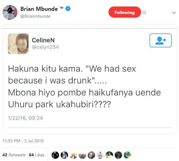 Brian mbunde brianmbunde following celinen celyn254 hakuna kitu kama. we had sex