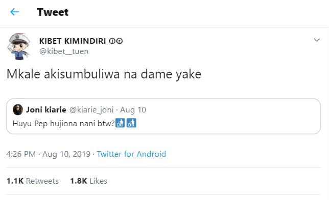 Tweet kibet kimindiri kibet tuen mkale akisumbuliwa na dame yake joni kiarie kia
