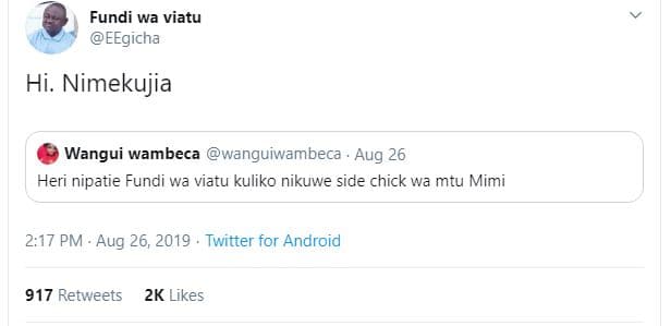 Fundi wa viatu eegicha hi. nimekujia wangui wambeca wanguiwambeca . aug 26 heri
