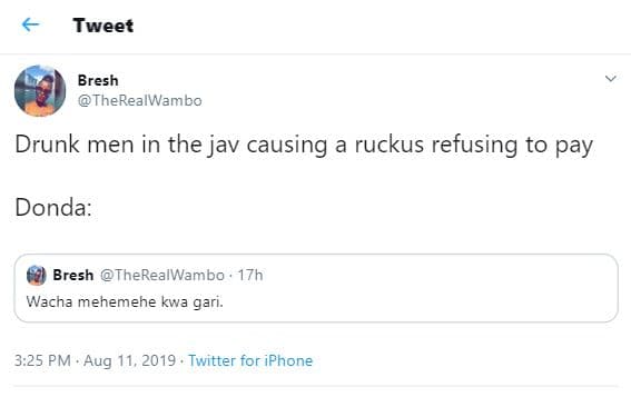 Tweet bresh therealwambo drunk men in the jav causing a ruckus refusing to pay d