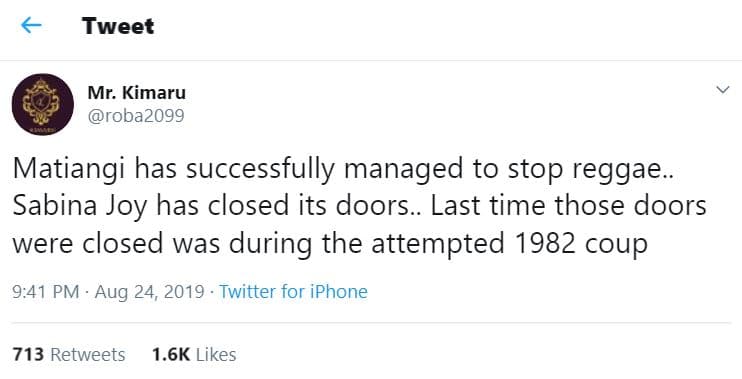 Tweet mr. kimaru roba2o9g matiangi has successfully managed to stop reggae sabin