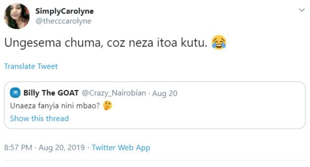 Simplycarolyne thecccarolyne ungesema chuma coz neza itoa kutu translate tweet b