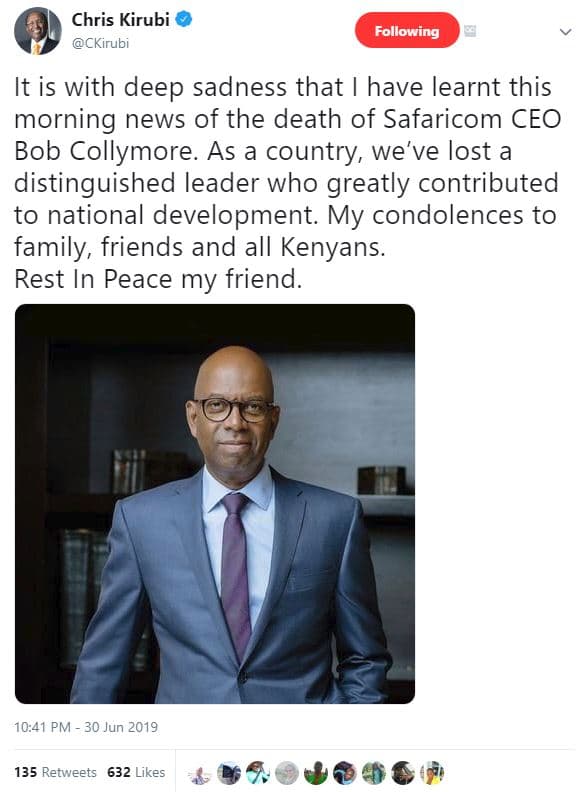 Chris kirubi ckirubi following it is with deep sadness that have learnt this mor