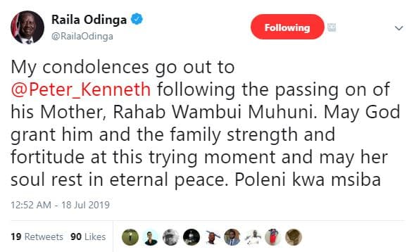 Raila odinga railaodinga following my condolences g0 out to peter_kenneth follow