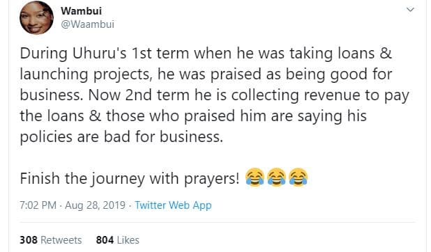 Wambui waamoui during uhuru's ist term when he was taking loans launching projec