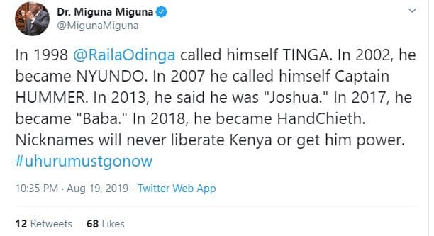 Dr. miguna miguna migunamiguna in railaodinga called himself tinga. in , he beca
