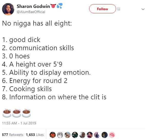 Sharon godwin alumbaeofficial follow no nigga has all eight 1 . good dick 2. com