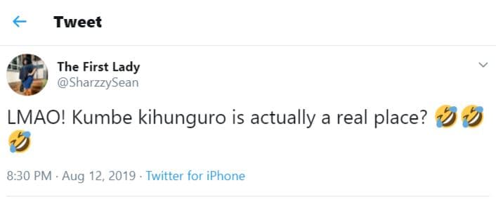 Tweet the first lady sharzzysean lmao! kumbe kihunguro is actually a real place?