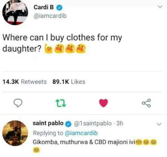 Cardi b iamcardib where can buy clothes for my daughter? 14.3k retweets 89.1k li