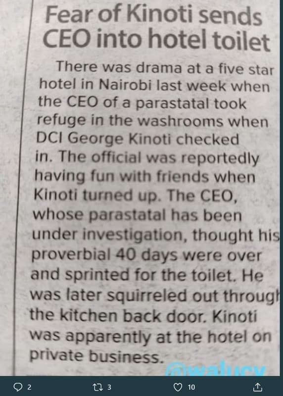 Fear of kinoti sends ceo into hotel toilet there was drama at a five star hotel
