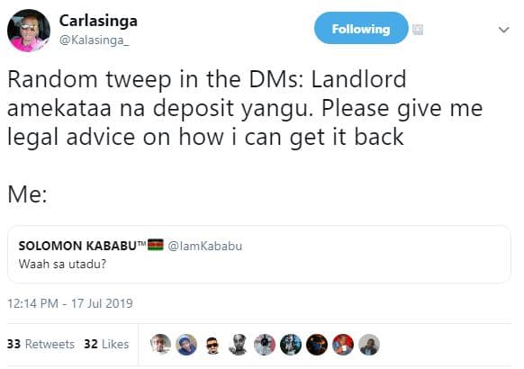 Carlasinga kalasinga _ following random tweep in the dms landlord amekataa na de