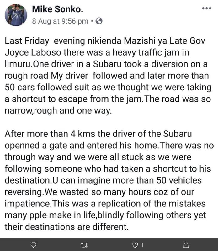 Mike sonko. 8 aug at 9.56 pm last friday evening nikienda mazishi ya late gov jo