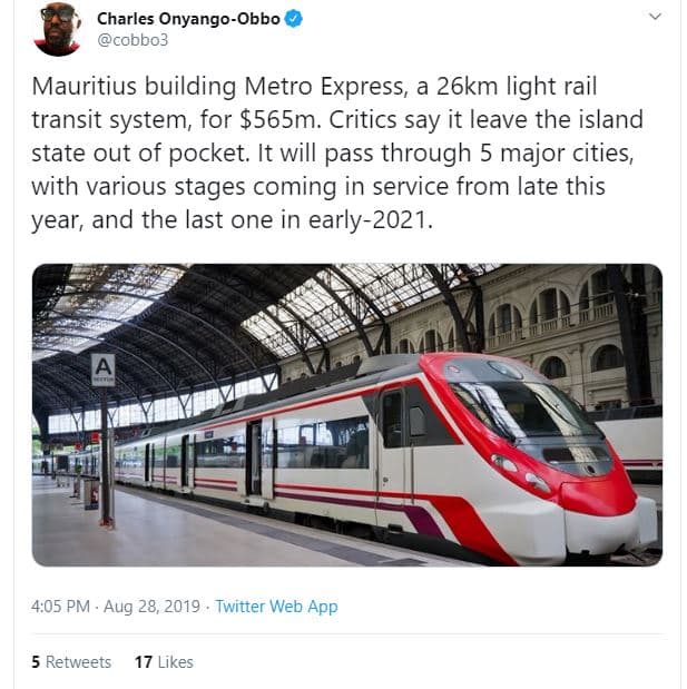 Charles onyangoobbo cobbo3 mauritius building metro express a 26km light rail tr